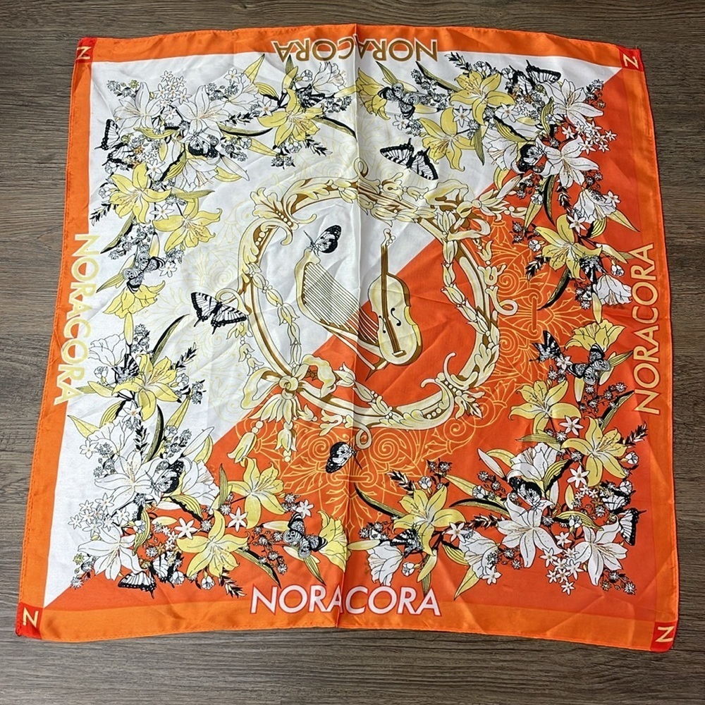 NoraCora Women’s White Orange Silk Scarf - Picture 2 of 7